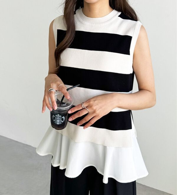 GeeRA（ジーラ）の「ペプラムタンク付ニットプルオーバー（アンサンブル）」｜ベージュ&times;ブラックボーダー