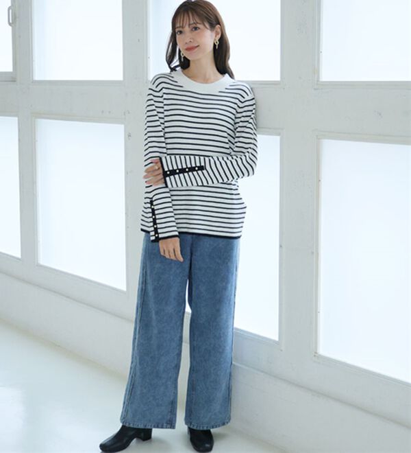 A HAPPY MARILYN（アハッピーマリリン）の「【Ｌ～８Ｌ】フィットしすぎない！もっちりリブ 配色美人着回し 袖ボタンニット（ニット・セーター）」｜詳細画像