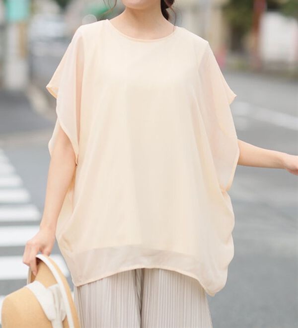 A HAPPY MARILYN（アハッピーマリリン）の「【麗シルエット】綿１００％ 二の腕周りをひらっと隠す シフォン重ね ブラウス（ブラウス）」｜詳細画像