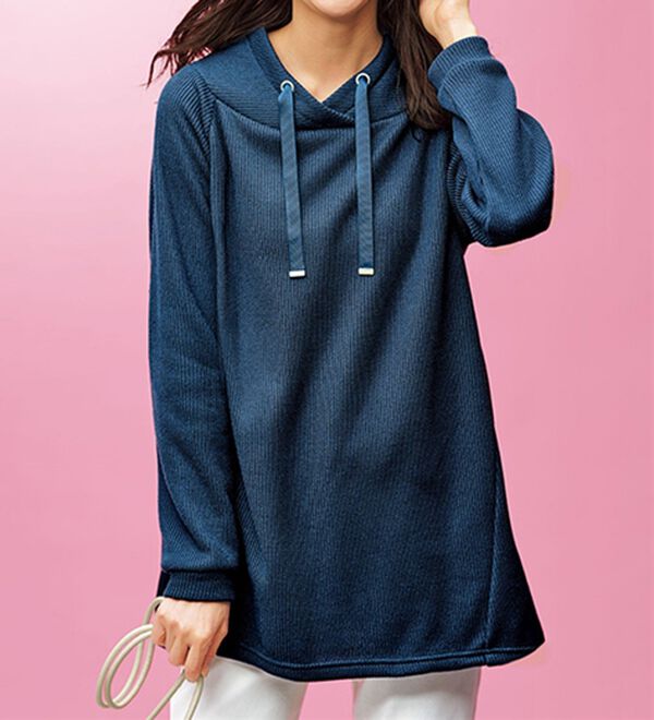 BELLUNA（ベルーナ）の「あぜ調裏起毛素材ワイドネックチュニック（チュニック）」｜ターコイズ