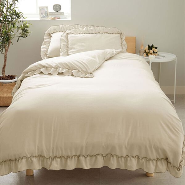 iellio（イエリオ）の「大人かわいいダブルフリル付布団カバーリング＜掛け布団カバー・ボックスシーツ・枕カバー・ずれにくい・オールシーズン・淡色＞（敷布団カバー・シーツ）」｜ベージュ