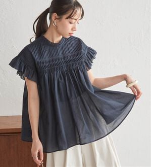 RANAN（ラナン）の「ピンタックフリルボイルブラウス（ブラウス）」｜ネイビー