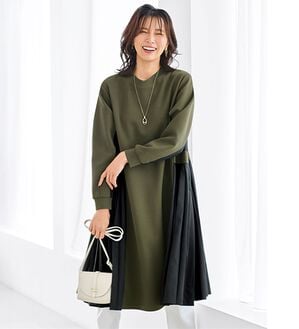 BELLUNA（ベルーナ）の「とろみ素材プリーツ切替ワンピース（その他ワンピース）」｜カーキ&times;黒