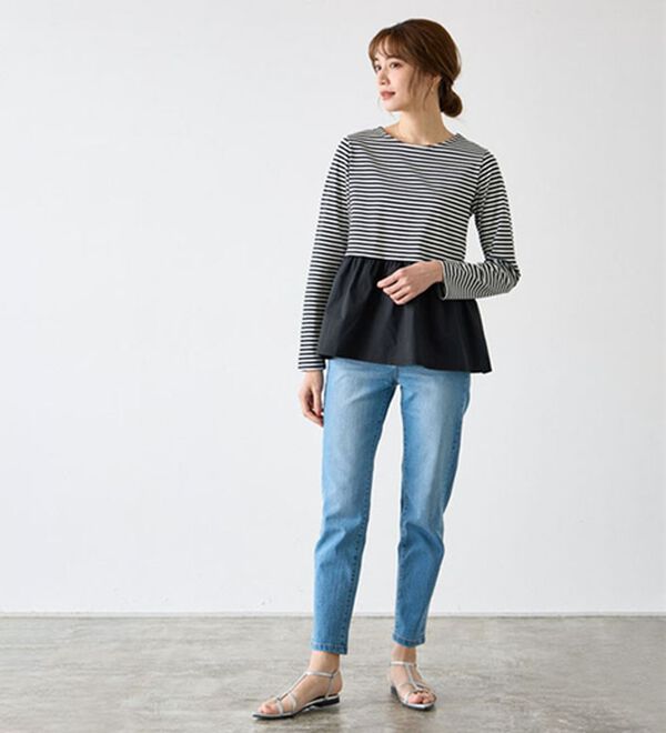 Pierrot（ピエロ）の「異素材ドッキングフリルギャザーペプラムカットソー（カットソー）」｜詳細画像