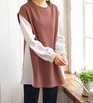 BELLUNA（ベルーナ）の「ボーダージャカード異素材切替チュニック（チュニック）」｜ピンクベージュ