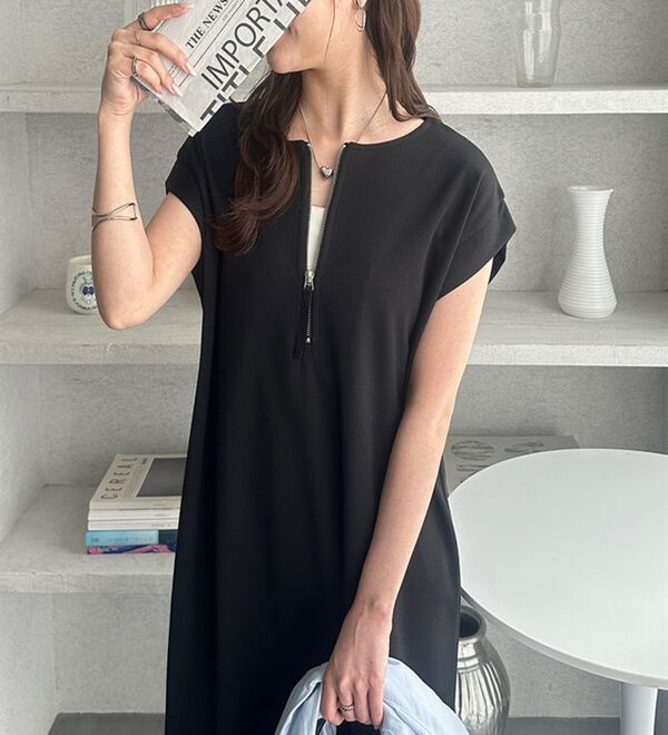 GeeRA（ジーラ）の「前後２ＷＡＹハーフジップＩラインワンピース（カットソーワンピース）」｜詳細画像