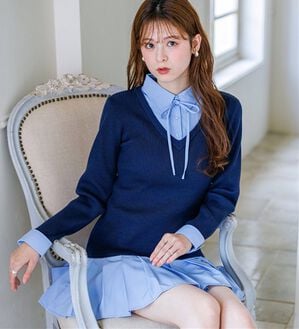 「シャツドッキングプリーツワンピース（ドッキングワンピース）」｜ネイビー系