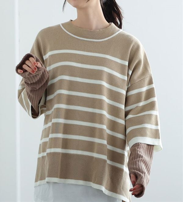 「【Ｌ～６Ｌ】重ね着を楽しむレイヤード専用ニットプルオーバー（ニット・セーター）」｜ベージュ&times;オフ(タググレージュ)