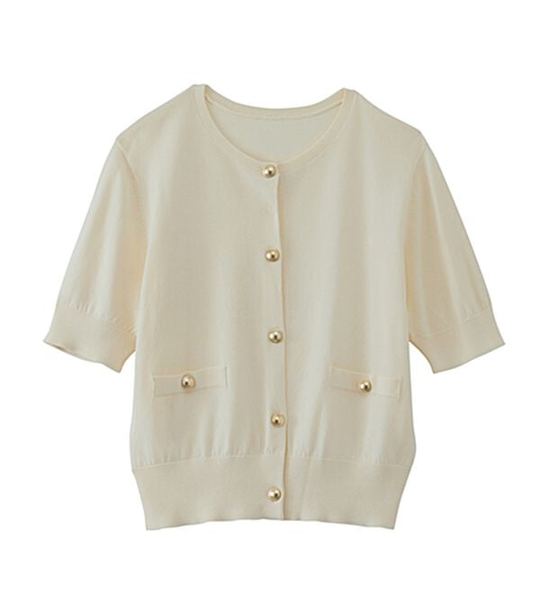 RANAN（ラナン）の「ゴールド調ボタン5分袖ニットカーデ（ニットカーディガン）」｜詳細画像