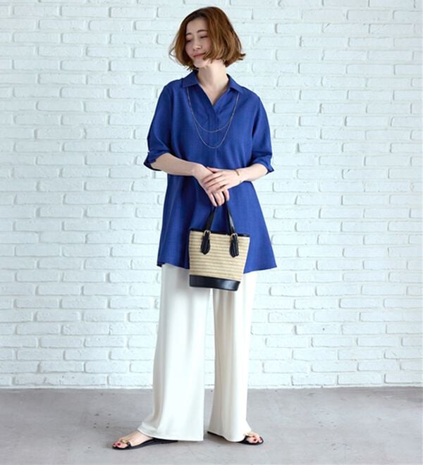 BELLUNA（ベルーナ）の「【接触冷感】麻調素材袖パール付シャツチュニック（チュニック）」｜詳細画像