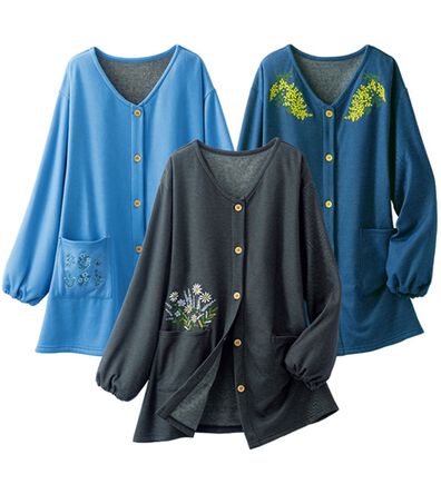 「【３枚組】刺しゅうが可愛い！デニム調裏シャギーかっぽう（エプロン）」