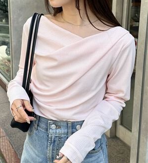 RANAN（ラナン）の「【新色追加】上品ドレープリブロングＴシャツ（カットソー）」｜ライトピンク