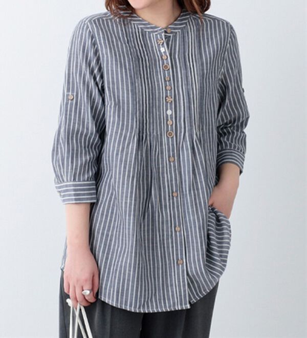 BELLUNA（ベルーナ）の「ダブルガーゼ素材オーバーブラウス（ブラウス）」｜ストライプ