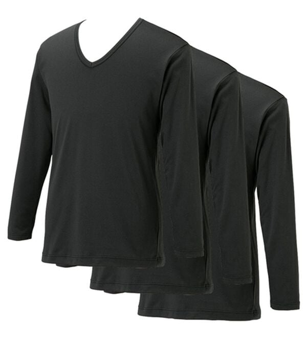 「【３枚組】サーモケア（Ｒ）綿混裏起毛インナー（メンズ肌着・インナーウェア）」｜ブラック3枚組 長袖V首