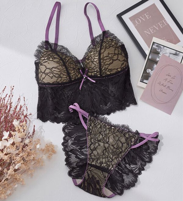 YU'NOW（ユナウ）の「アイラッシュレースのロングブラレット＆ショーツ（ブラジャー＆ショーツセット）」｜詳細画像