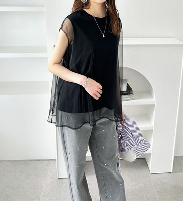 GeeRA（ジーラ）の「チュールカバーフレンチスリーブカットソー（カットソー）」｜詳細画像