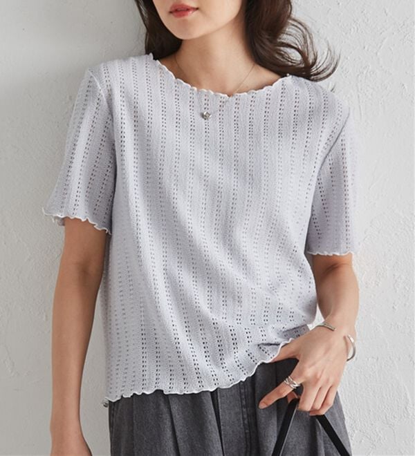 RANAN（ラナン）の「インせず着られる！透かし柄メロー配色Ｔシャツ（カットソー）」｜詳細画像