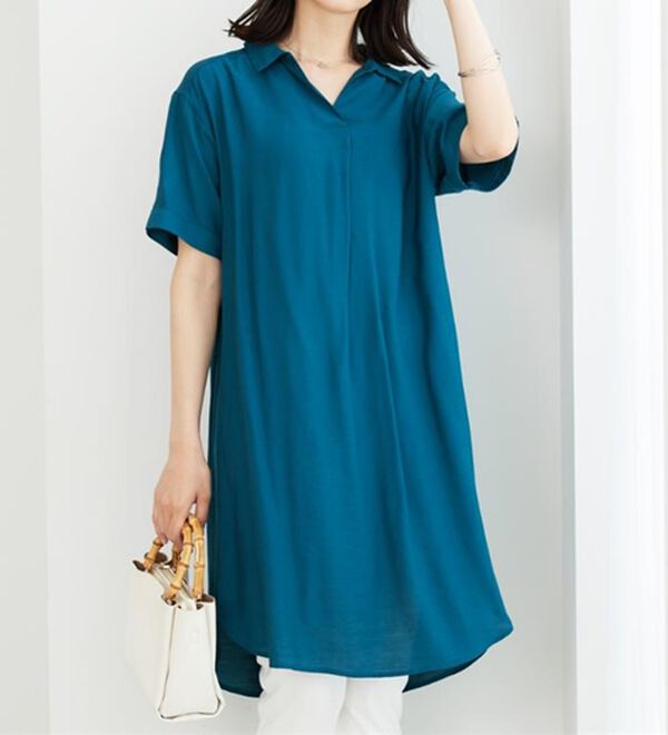 BELLUNA（ベルーナ）の「レーヨンナイロン素材シャツワンピース（その他ワンピース）」｜ターコイズ