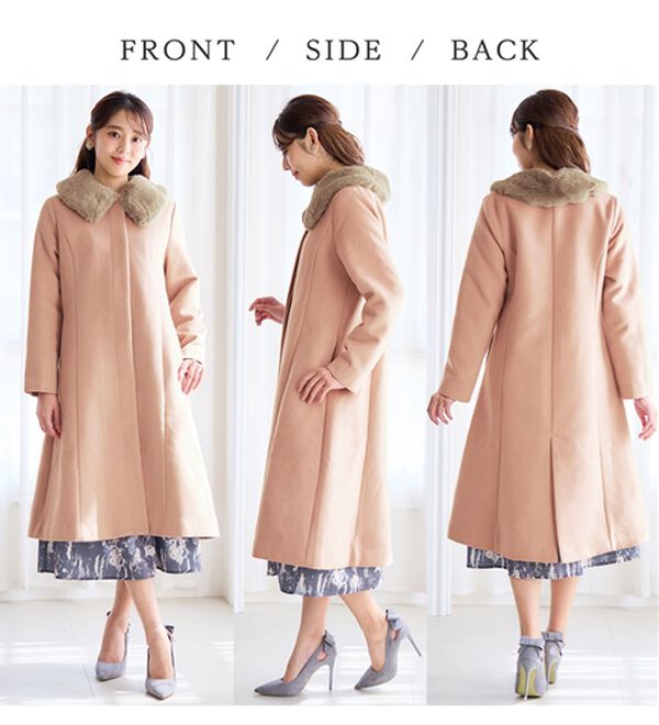alotta（アロッタ）の「美人シルエットファー付ノーカラーコート【美人百花掲載】（ロングコート）」｜詳細画像