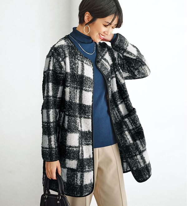 BELLUNA（ベルーナ）の「プードルボア素材ビッグチェック柄コート（ハーフコート）」｜詳細画像