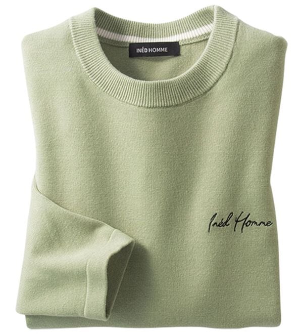「＜イネド　オム＞もっちリッチニット（メンズトレーナー）」｜グレイッシュグリーン