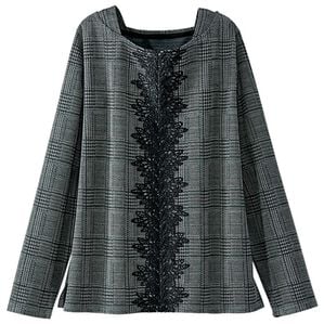 BELLUNA（ベルーナ）の「レース使いチェックジャカードプルオーバー（カットソー）」｜黒&times;グリーン