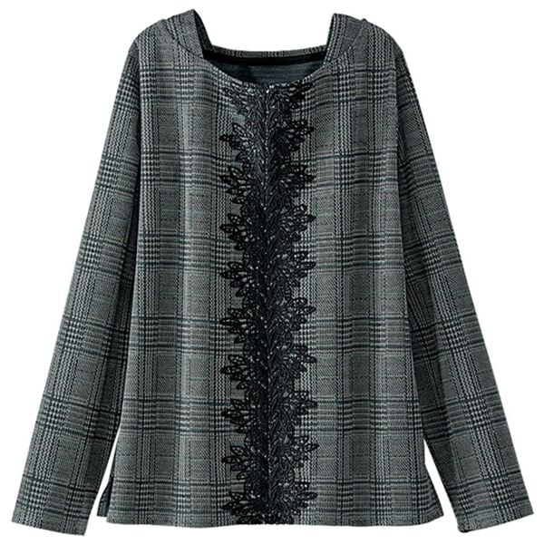 BELLUNA（ベルーナ）の「レース使いチェックジャカードプルオーバー（カットソー）」｜黒&times;グリーン