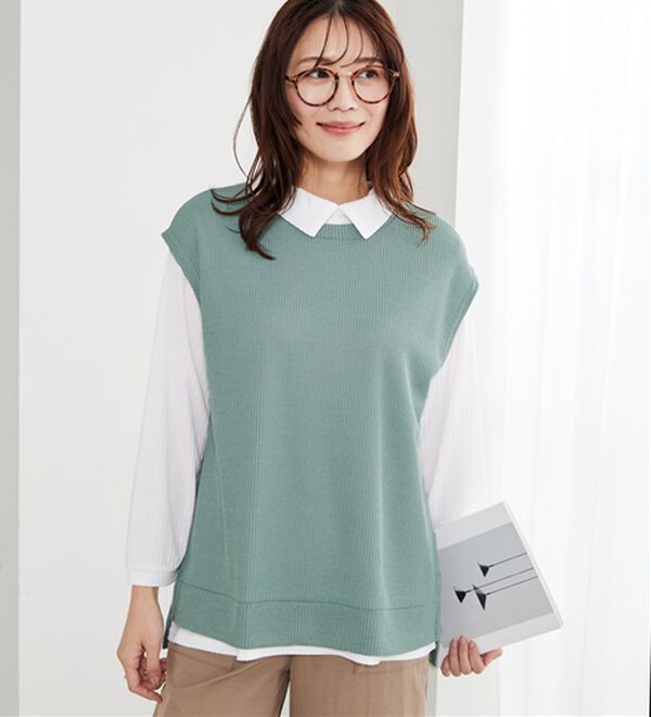 BELLUNA（ベルーナ）の「【新色追加】&ldquo;2点セット&rdquo;あぜ素材ベストアンサンブル（アンサンブル）」｜セージ