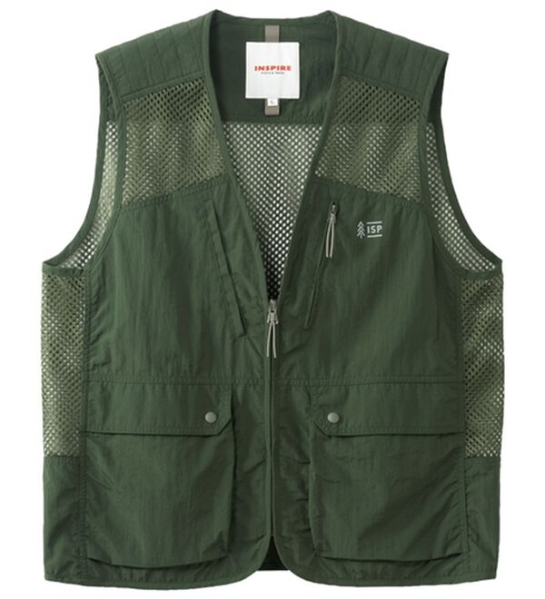 「＜インスパイア＞多ポケットメッシュ切替ベスト（メンズベスト）」｜カーキ