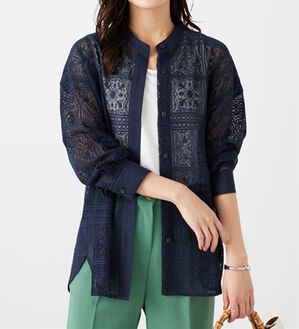 「上品レース素材シャツチュニック（チュニック）」｜ネイビー