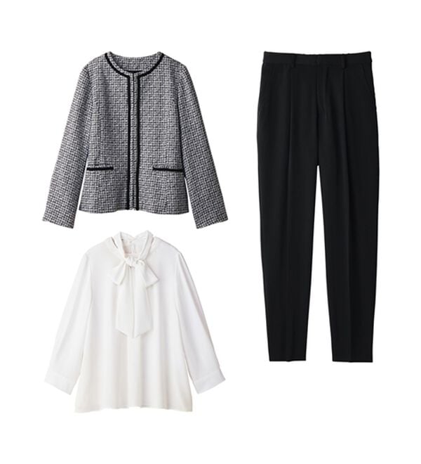 alotta（アロッタ）の「【選べるパンツ】洗える！３点セット着回し力抜群スーツ（その他スーツ）」｜モノトーン系テーパード