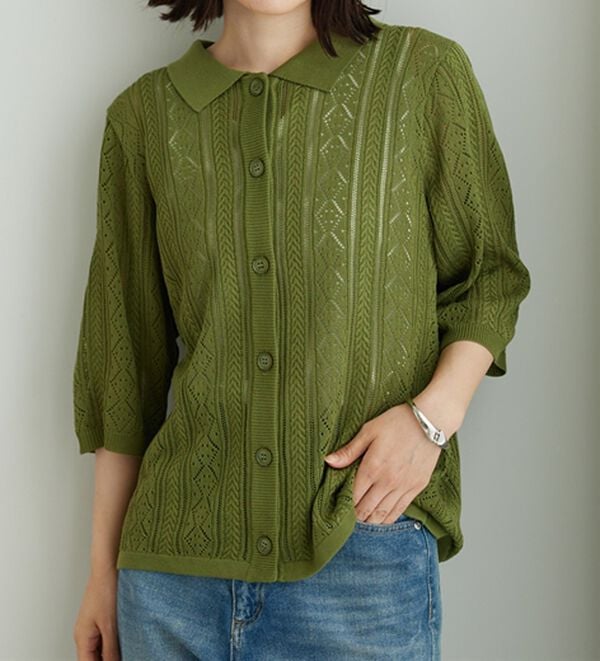 BELLUNA（ベルーナ）の「衿付き透かし編みニットカーディガン（ニットカーディガン）」｜詳細画像