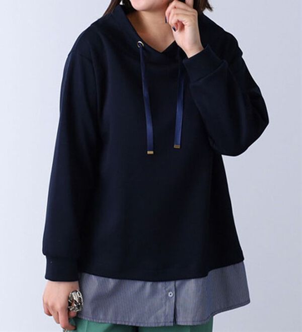 BELLUNA（ベルーナ）の「ワイドネックデザインシャツ切替チュニック（チュニック）」｜ネイビー／ストライプ