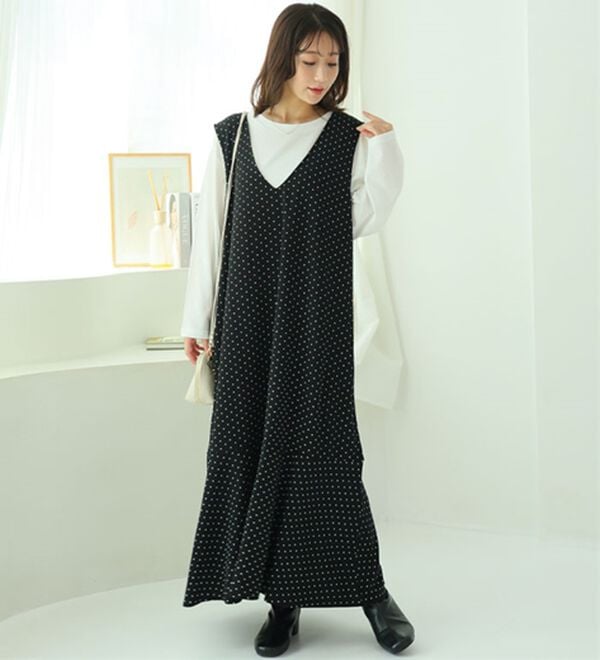 A HAPPY MARILYN（アハッピーマリリン）の「【Ｌ～８Ｌ】【２点セット】スポッと着られる！！「楽かわ」シリーズ！長袖 トップス×シンプル ジャンスカ（アンサンブル）」｜詳細画像