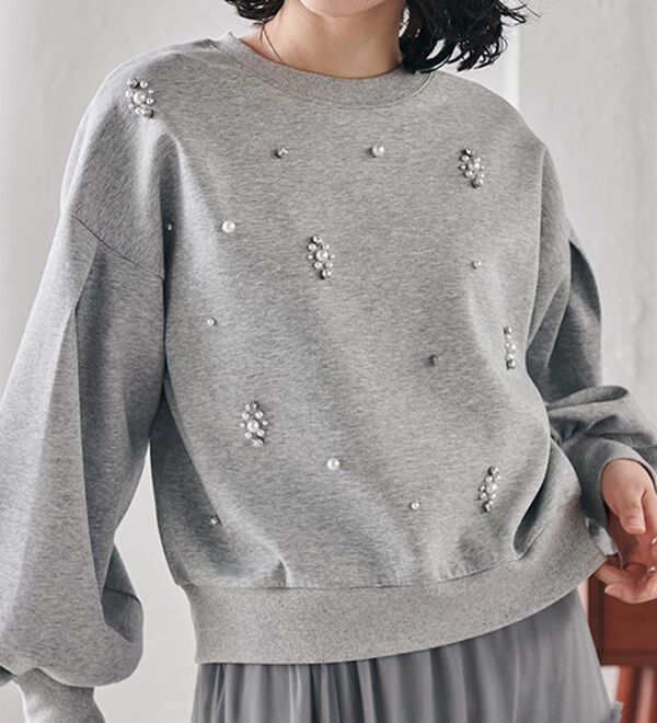 RANAN（ラナン）の「ビジュー使いボリューム袖プルオーバー（カットソー）」｜ライトグレー