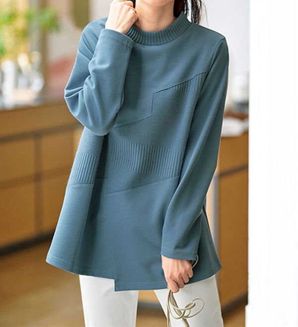 BELLUNA（ベルーナ）の「ボーダージャカード素材切替デザインチュニック（チュニック）」｜ブルーグレー