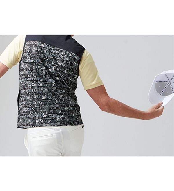 「＜ハッシュパピー・ゴルフ＞異素材切替ストレッチ総柄ベスト（メンズベスト）」｜詳細画像