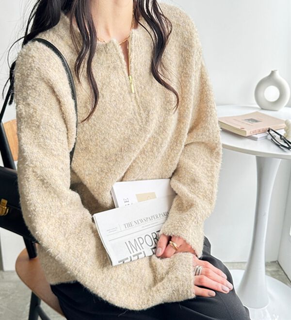 GeeRA（ジーラ）の「ハーフジップミックスニットプルオーバー（ニット・セーター）」｜ライトベージュ