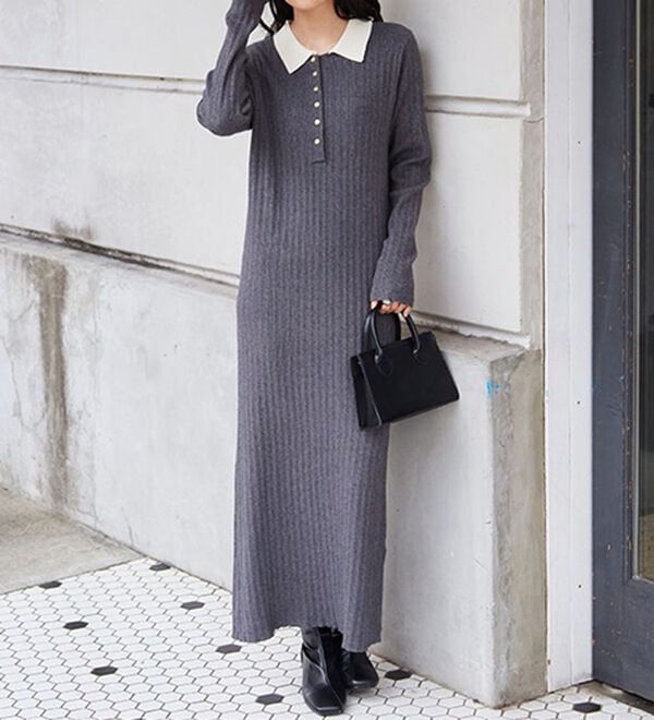 RANAN（ラナン）の「ポロカラーリブニットワンピース（ロングワンピース）」｜詳細画像