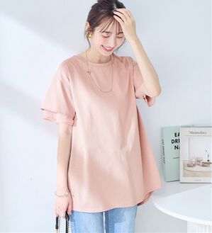 alotta（アロッタ）の「【接触冷感】＜丈が選べる＞袖口シフォンＴシャツチュニック（カットソー）」｜ピンク／チュニック丈