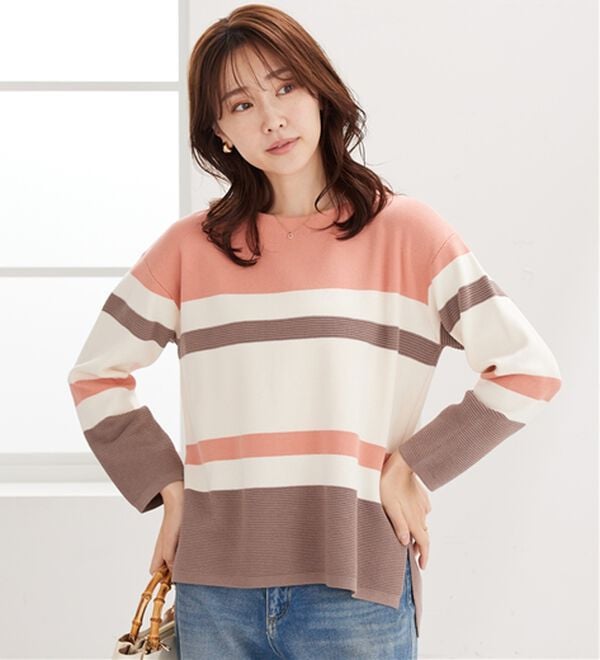 BELLUNA（ベルーナ）の「【暮らし快適ニット】ミラノリブ配色ボーダーニットプルオーバー（ニット・セーター）」｜詳細画像