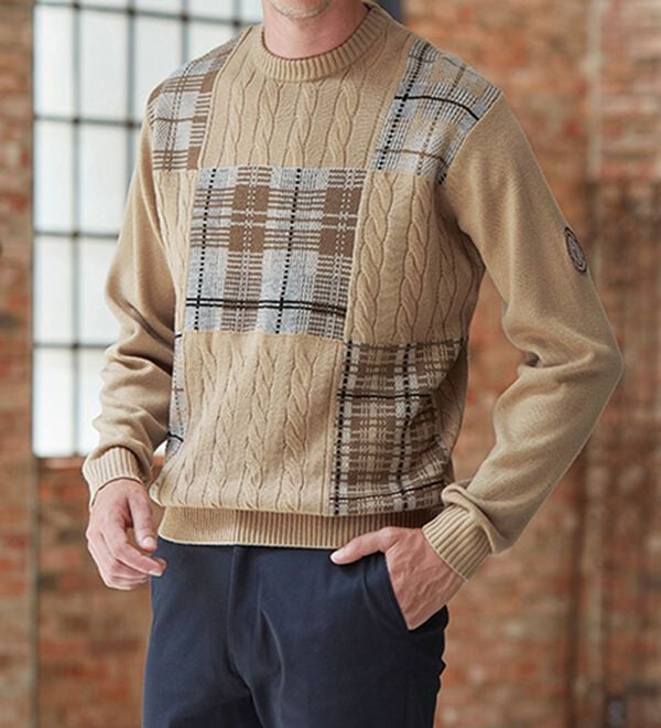 「＜ハッシュパピー＞パッチワークケーブルセーター（メンズニット・セーター）」｜詳細画像