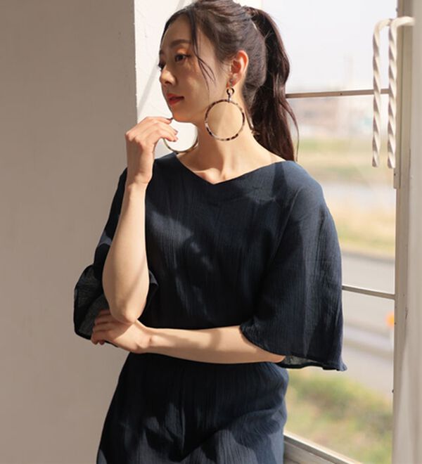 A HAPPY MARILYN（アハッピーマリリン）の「風通る 綿 楊柳 フレア袖 ウエストゴム ワンピース（カットソーワンピース）」｜詳細画像