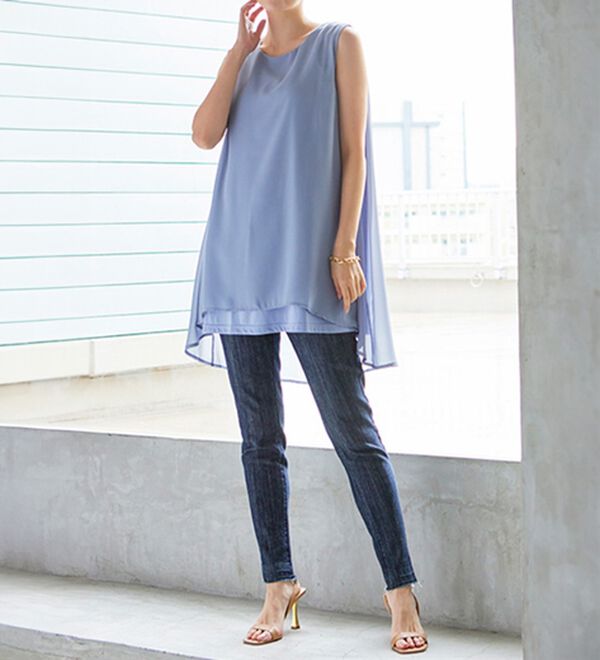 ひんやり！ノースリーブ異素材使いフレアーチュニック - ベルーナ【公式】