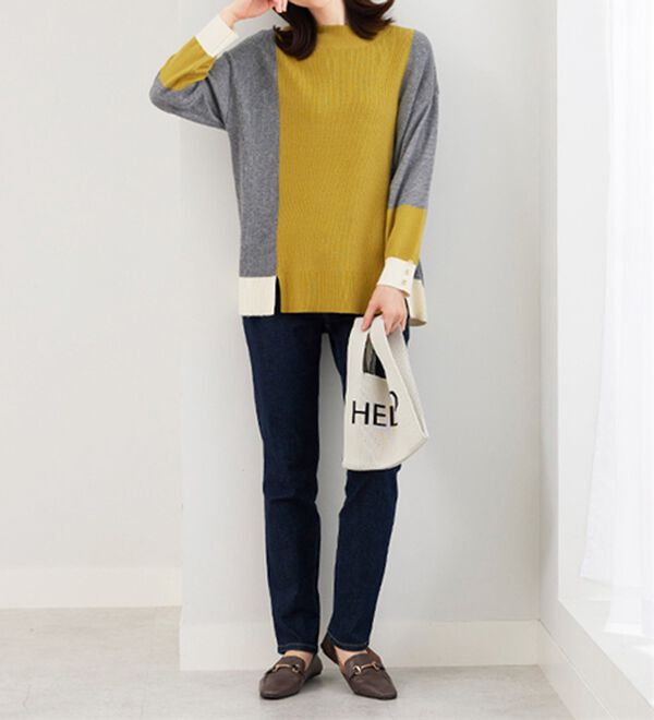 BELLUNA（ベルーナ）の「配色デザイン編地切替ニットプルオーバー（ニット・セーター）」｜詳細画像