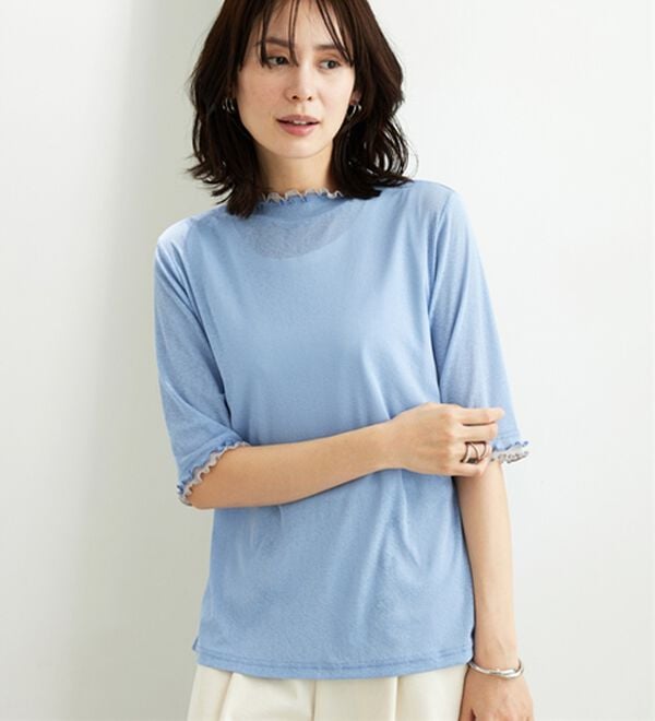 BELLUNA（ベルーナ）の「シアー素材重ね着風フリル衿プルオーバー（カットソー）」｜ブルー&times;グレー