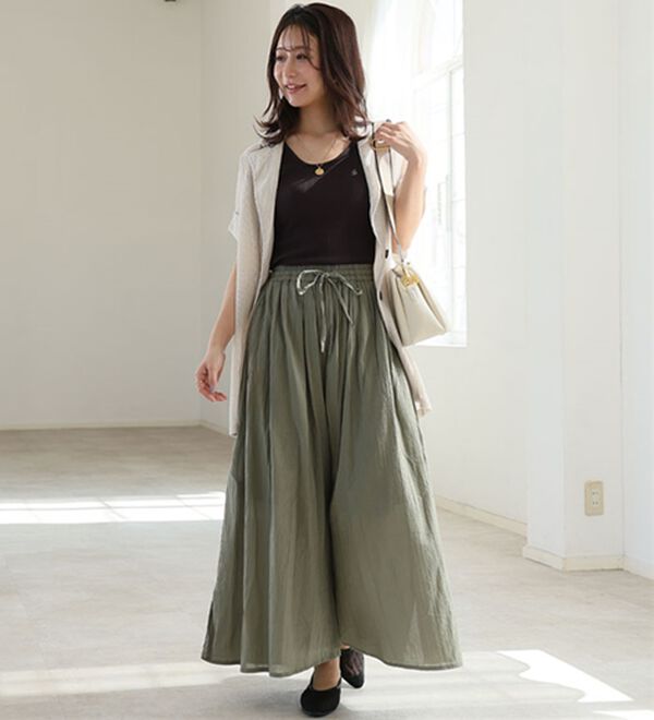 A HAPPY MARILYN（アハッピーマリリン）の「【Ｌ～６Ｌ】【２丈展開】【風通るプレミアム】綿・楊柳、ギャザーフレアスカンツ。（ワイドパンツ・ガウチョ）」｜詳細画像