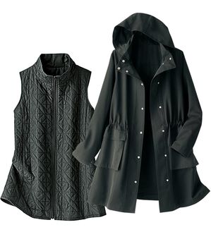 BELLUNA（ベルーナ）の「【２点セット】はっ水花粉対策！スプリングコート＋蓄熱中わたベスト２点セット（ハーフコート）」｜黒