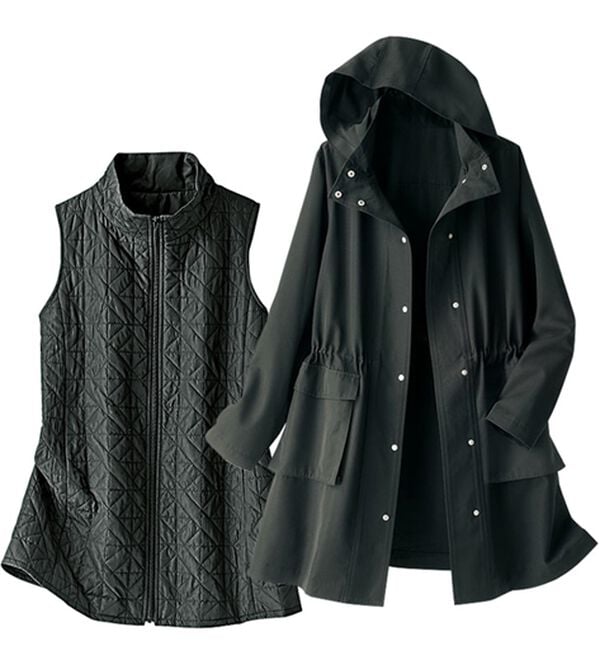 BELLUNA（ベルーナ）の「【２点セット】はっ水花粉対策！スプリングコート＋蓄熱中わたベスト２点セット（ハーフコート）」｜黒