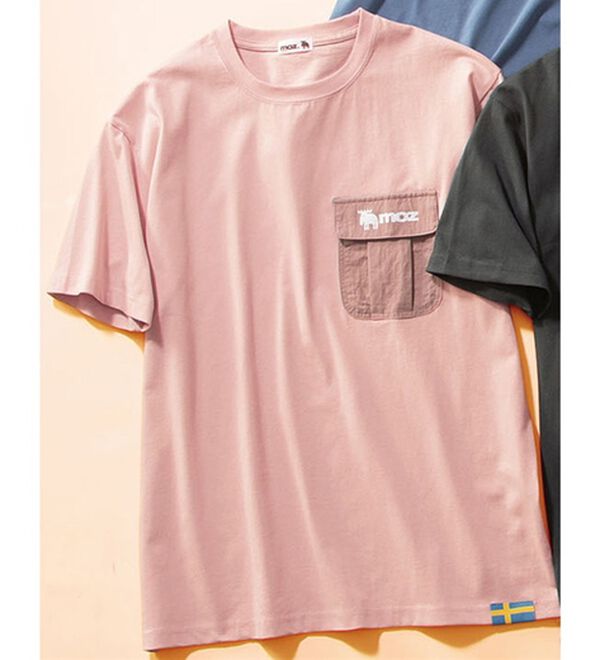 「＜モズ＞フラップポケット付綿１００％Ｔシャツ（メンズＴシャツ）」｜ピンク